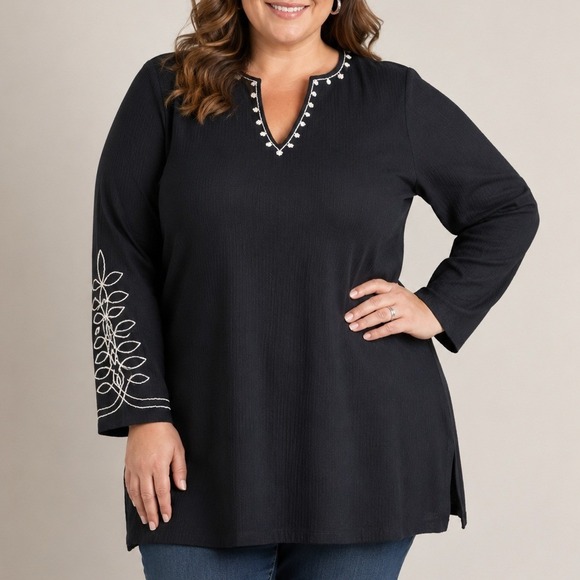 Chico's Tops - Chico's Black Embroidered Knit Tunic Top Split V-Neck Long Sleeve Size 3 XL Boho